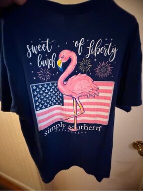 Simply Southern Women's Navy 'Sweet Land of Liberty' Flamingo Graphic Tee LARGE